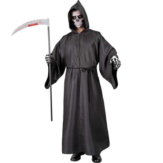 Adult Grim Reaper Costume Black Hooded Robe Halloween Fancy Dress Outfit