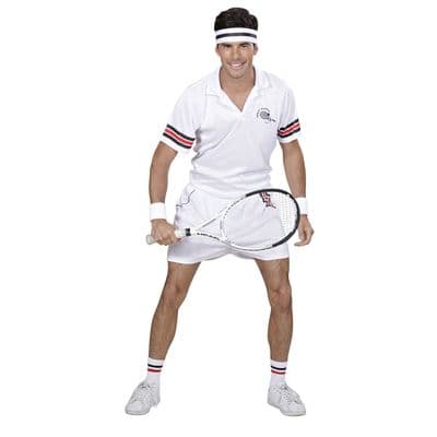 Adult Tennis Player Costume 1980s Sports Fancy Dress Outfit Retro Tennis Costume