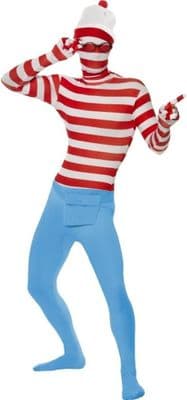 Adult Wheres Wally 2nd Skin Costume Red White Striped Suit Fancy Dress