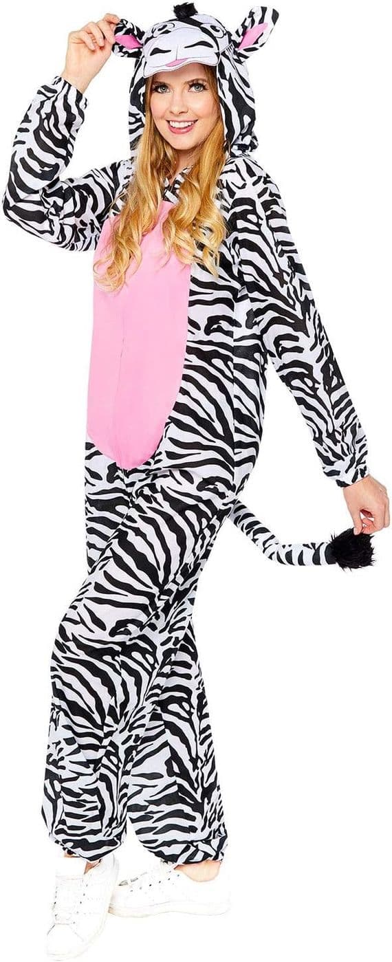 Adults Hooded Zebra Onesie Costume Animal Fancy Dress All In One Outfit