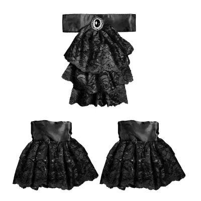 Black Lace Jabot With Gem & Cuffs