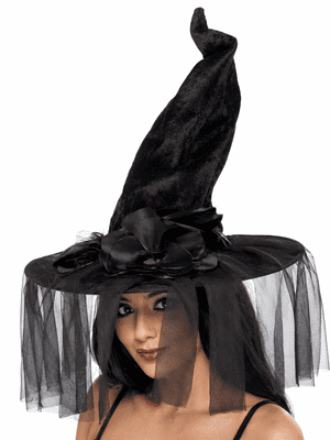 Black Velvet & Beaded Witch Hat Halloween Fancy Dress Costume Accessory