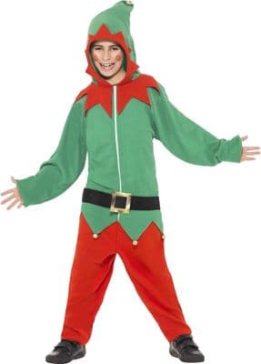 Boys Christmas Elf Costume Kids Green Red Onesie Hood Fancy Dress Outfit