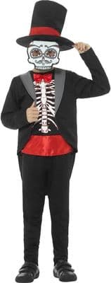 Boys Day of the Dead Costume Kids Skeleton Suit Hat Mask Halloween Fancy Dress