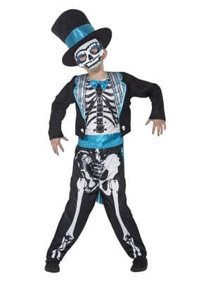 Boys Day of the Dead Groom Costume Kids Skeleton Suit Hat Mask Halloween Outfit