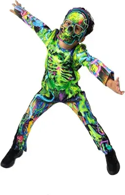 Boys Neon Gamer Skeleton Costume Halloween Fancy Dress Outfit