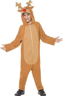 Boys Reindeer Costume Kids Christmas Onesie Hood Antlers Fancy Dress Outfit