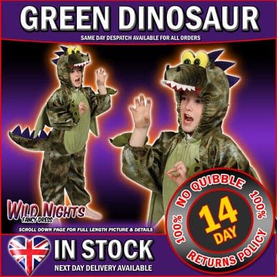 Childs Animal Costume Kids Fancy Dress Boys/Girls Onesie - Green Dinosaur - LARGE Age 7-8 Years