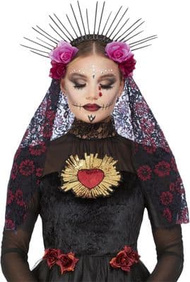 Day of the Dead Headband Sunburst Roses Veil Halloween Fancy Dress Accessory