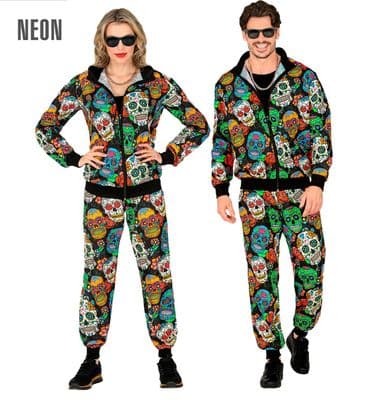 Day of the Dead Tracksuit Neon Skull Costume Halloween Fancy Dress Jacket Trousers