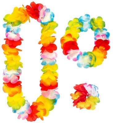 Deluxe Hawaiian Accessory Set Lei Headband Bracelets Luau Fancy Dress Set
