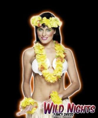 Fancy Dress Deluxe YELLOW Hawaiian Luau Party Set Flower Lei, head piece, wristlets