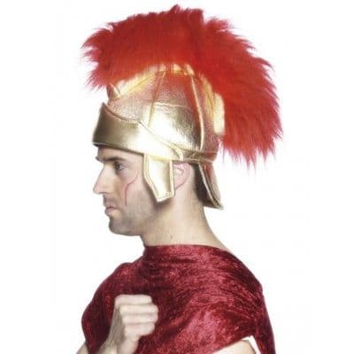 FANCY DRESS HAT # ROMAN SOLDIERS GOLD HELMET RED PLUME