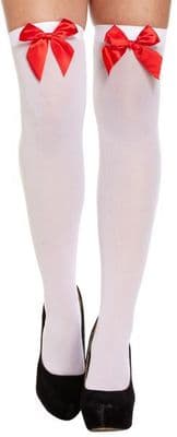 FANCY DRESS STOCKINGS  Halloween White Hold up Stockings With Red Bow