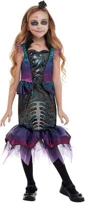 Girls Dark Mermaid Costume Skeleton Dress Headband Halloween Fancy Dress