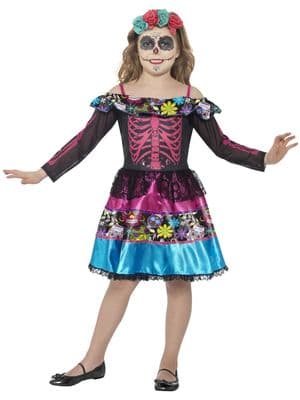 Girls Day of the Dead Costume Dress Headband Kids Halloween Fancy Dress Outfit