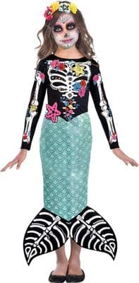 Girls Day of the Dead Mermaid Halloween Costume Childrens Sugar Skull Fancy Dress Outfit
