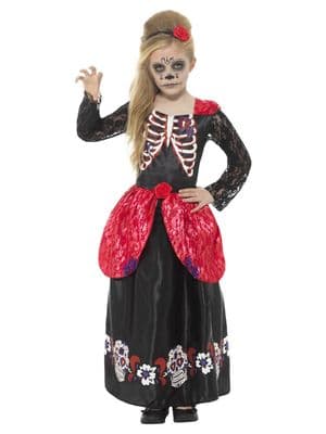Girls Deluxe Day of the Dead Costume Long Dress Headband Halloween Fancy Dress