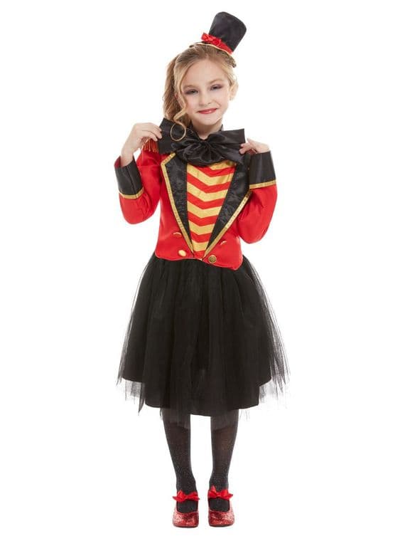 Girls Deluxe Ringmaster Costume Circus Fancy Dress Red Black Outfit Child