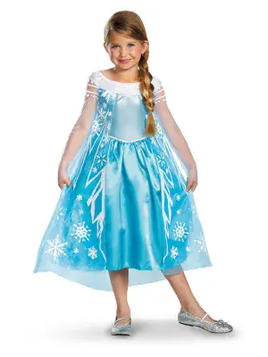 Girls Disney Frozen Elsa Deluxe Costume Blue Dress Cape Fancy Dress Outfit