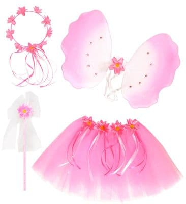 Girls Flower Fairy Costume Set Tutu Wings Headpiece Wand Kids Fancy Dress Outfit