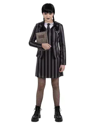Girls Gothic School Uniform Costume Halloween Fancy Dress Wednesday Style Outfit