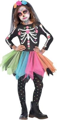 Girls Mexican Sugar Skull Halloween Costume Day of the Dead Fancy Dress Outfit