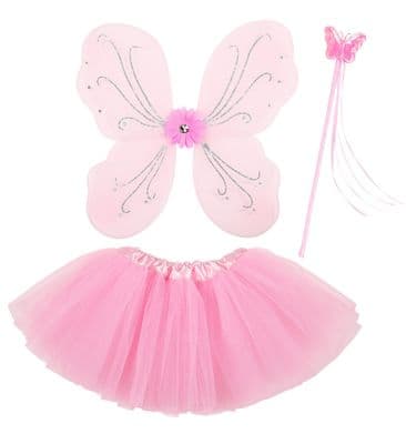 Girls Pink Fairy Tutu Wings Wand Costume Set Kids Princess Fancy Dress Accessory