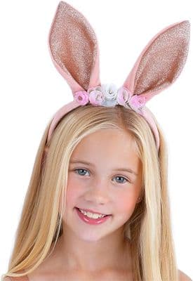 Girls Pink Rose Bunny Headband