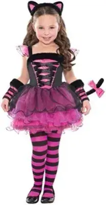Girls Purrfect Cat Ballerina Costume Pink Black Fancy Dress Outfit with Ears