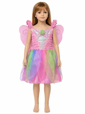 Girls Rainbow Fairy Costume Child Fancy Dress with Wings Halloween Outfit