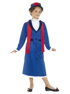 Girls Victorian Nanny Costume Child Mary Poppins Fancy Dress Blue Outfit