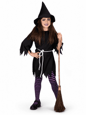 Girls Witch Costume Kids Halloween Fancy Dress Outfit Hat Dress Age 4-6
