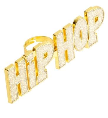 Gold Hip Hop Ring Rapper Bling Glitter 80s 90s Fancy Dress Jewellery Adult