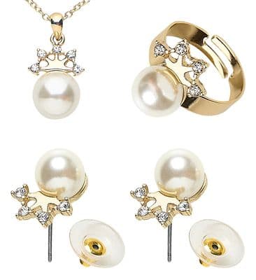 Gold Strass Princess Crown Pearl Jewellery Set