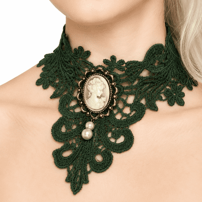 Green Gothic Lace Choker Cameo Necklace Halloween Fancy Dress Accessory