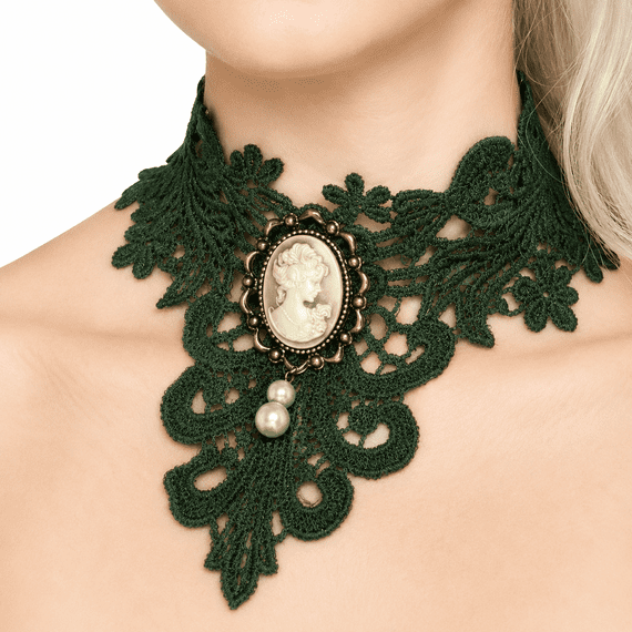 Green Gothic Lace Choker Cameo Necklace Halloween Fancy Dress Accessory