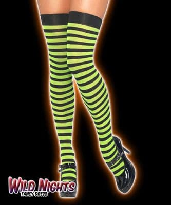 HALLOWEEN FANCY DRESS GREEN / BLACK STRIPED THIGH HIGH STOCKINGS