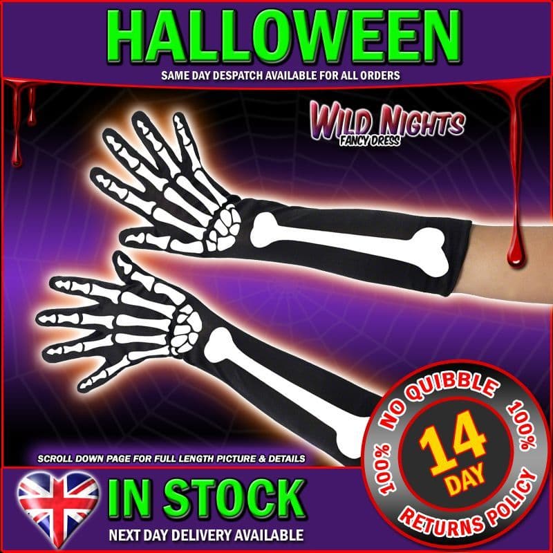 HALLOWEEN FANCY DRESS LADIES LONG SKELETON GLOVES