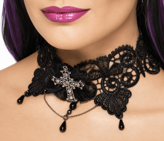 Halloween Gothic Lace Choker With Jewelled Cross Vampire Costume Accessory