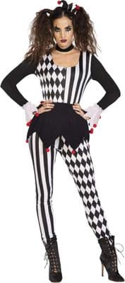 Halloween Ladies Jester Costume Harlequin Fancy Dress Gothic Outfit Adult