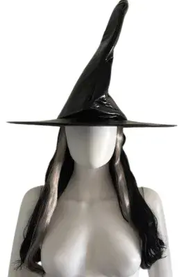 Halloween Ladies Shiny Black Witch Hat With Hair