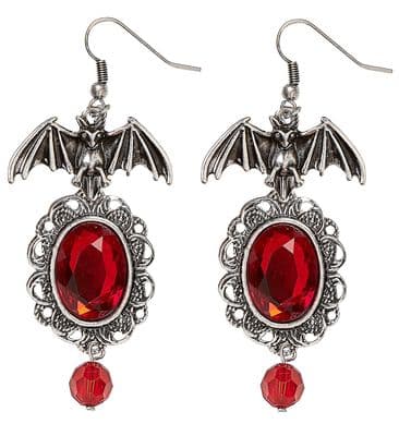 Halloween Pair of Bat Earrings With Red Gems