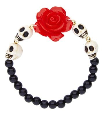Halloween Red Rose & Skull Beaded Bracelet