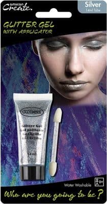 Halloween Silver Glitter Gel Tube & Applicator 14ml Face Body Makeup