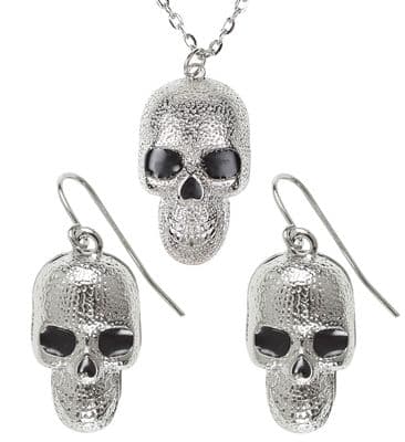 Halloween Silver Skull Necklace & Earrings