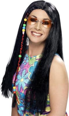 Hippy Wig Black Long Straight with Beads 60s 70s Fancy Dress Adult