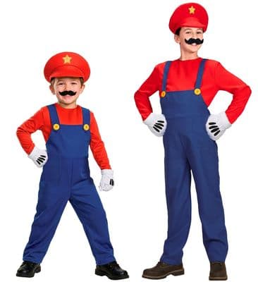Kids Super Plumber Costume Boys Fancy Dress Video Game Outfit with Hat
