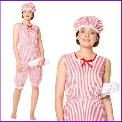 Ladies 1920s Bathing Suit Costume Pink Striped Retro Fancy Dress