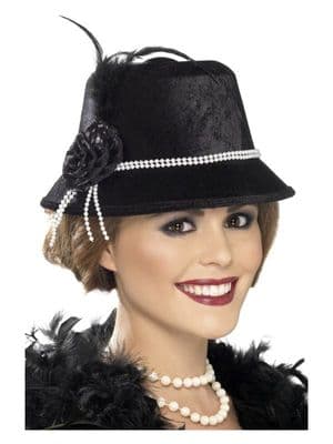 Ladies 1920s Black Flower Hat with Beads